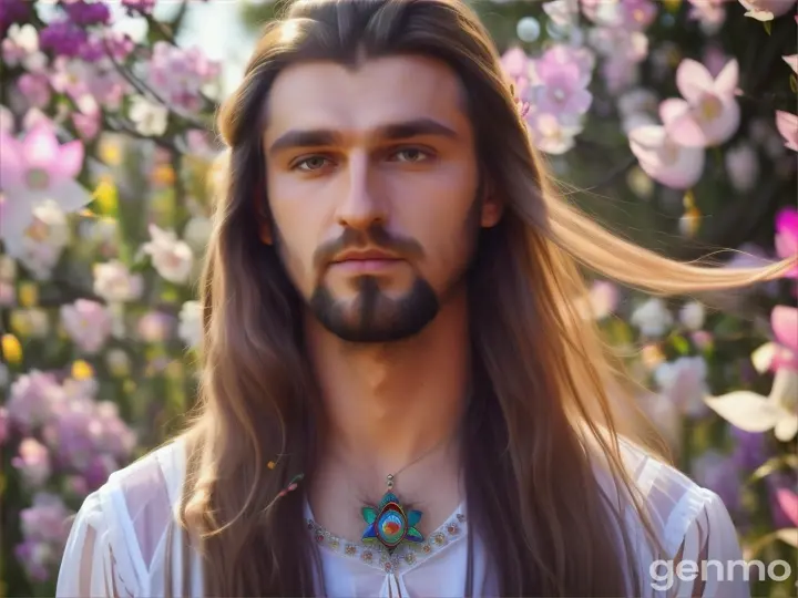 Slavic long-haired real guy, with tilak on forehead, romantic poet, dressed in open and fluttering in the wind transparent shirt, looks openly at the camera and slightly in front of him with crystal glowing balls, against the background of a bright garden with grass and flowers and branches of bright lilac flowering trees swaying in the wind and lightning.