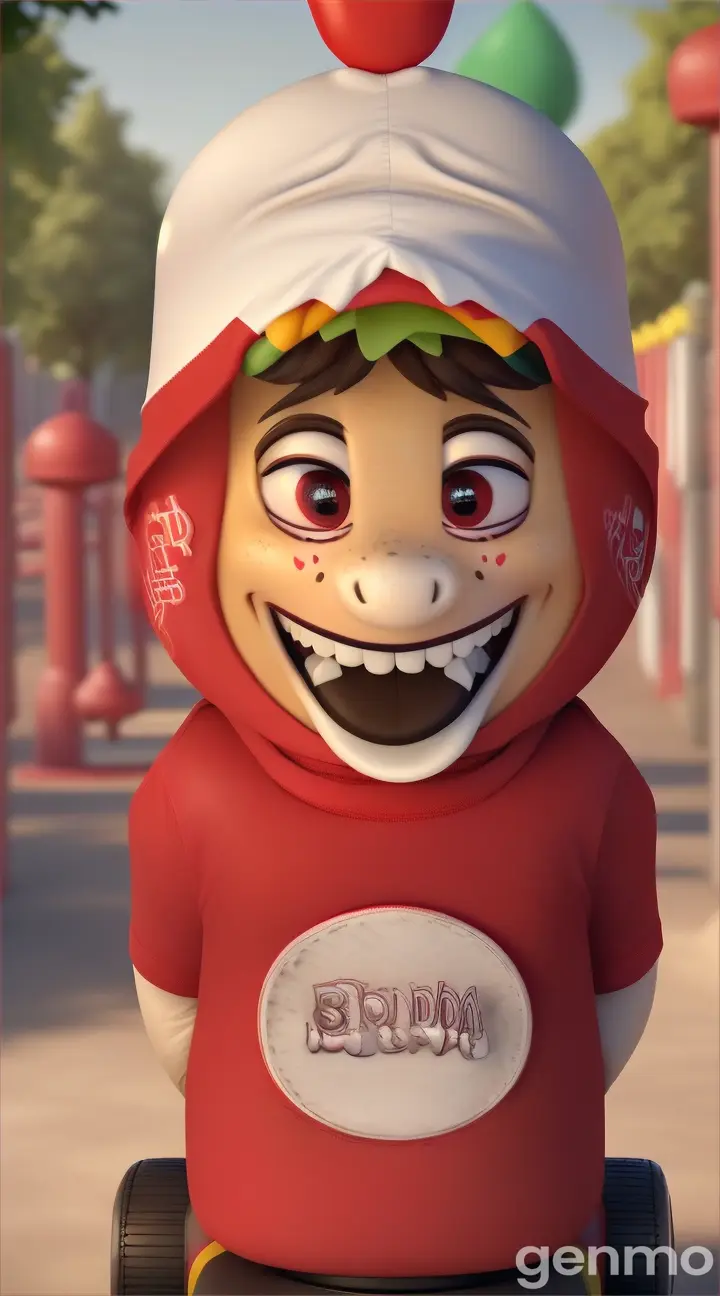 Description: A cheerful burrito with expressive eyes and a big smile appears on screen. It is wearing a red shirt with the letters "PT" boldly printed in white across the chest. The burrito is in a bustling park filled with people. It looks around with enthusiasm, bouncing slightly with joy.

Text on screen: "Meet Burrito, the most revolutionary burrito around."