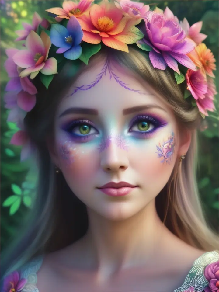 A fairy queen's close-up face with intricate leaf patterns, surrounded by colorful flowers in an enchanted garden