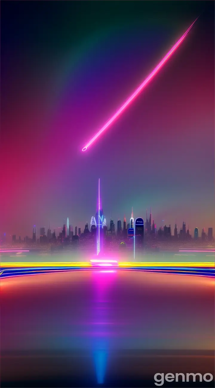 A neon-lit horizon with the moon as a Tron-inspired crescent, over a futuristic cityscape