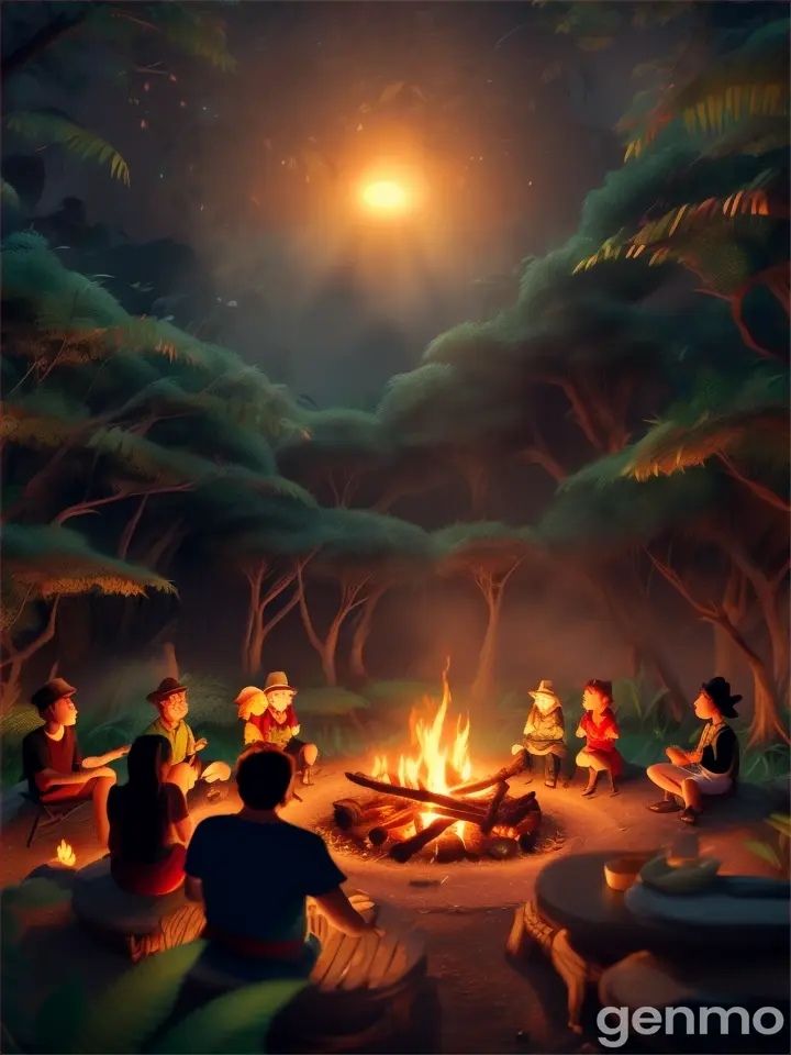 Generate animation video A group of friends sitting in a circle around a campfire in a dark jungle. The firelight illuminates their faces, while the surrounding jungle is in complete darkness."