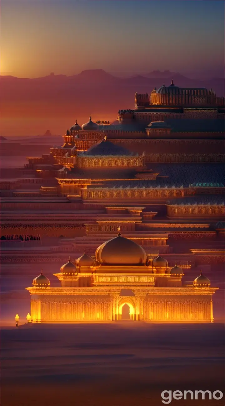 Opulent palace at night, glowing with golden light, surrounded by a mysterious desert landscape and a far off bazaar