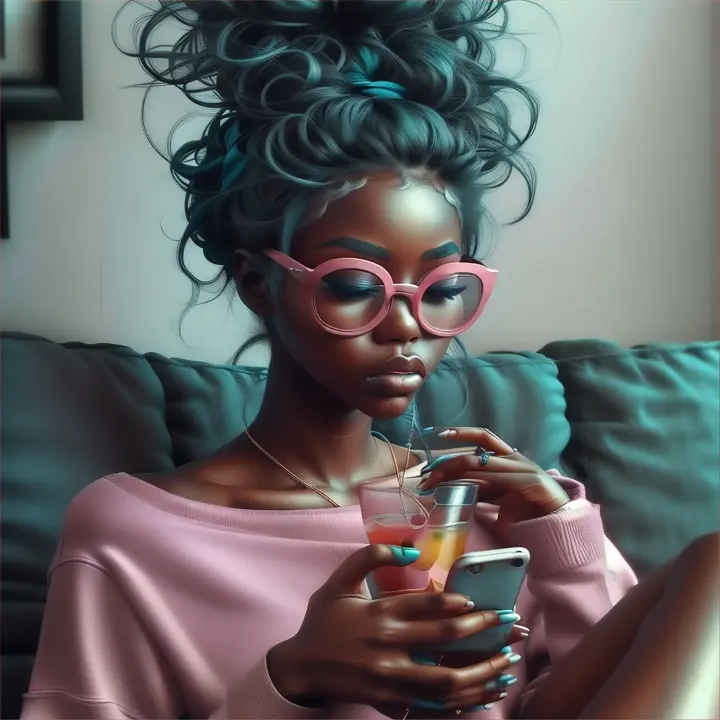 the girl moves her fingers and nods her head. smiles at her phone while sipping a drink, looking completely
unbothered with their feet up she wiggles her toes, scrolling through their phone. sitting on a sofa... make is stylish and very detailed teal, pink, advertising style
