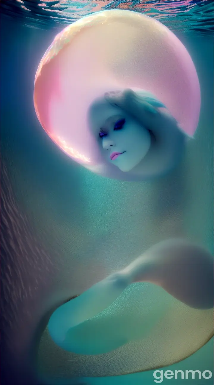 A mermaid gazing up at the shimmering Pisces full moon over a pastel-colored underwater lagoon, with fish swimming around her
