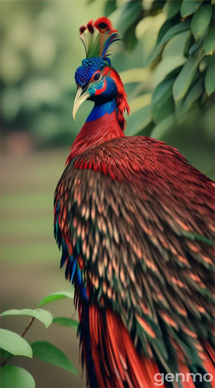 A pure red crimson peacock with pure crimson and very long plumage on a tea bush amidst a tea garden 