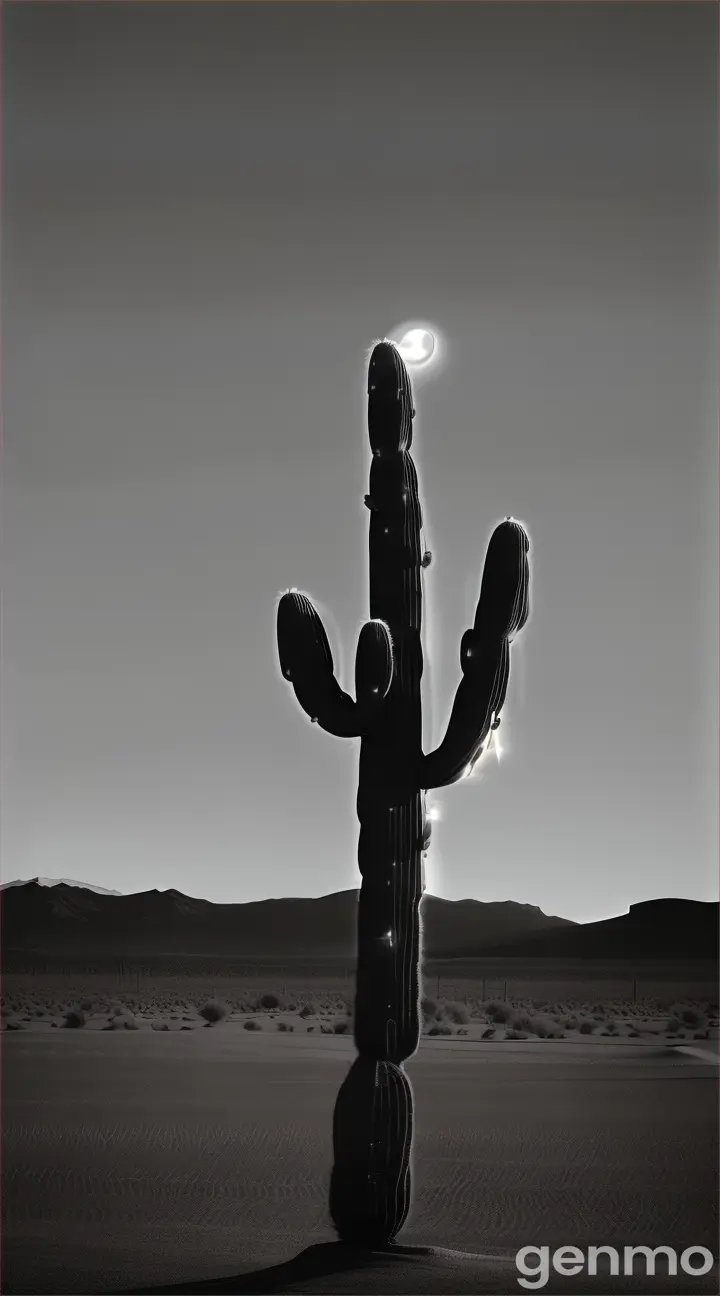 Monochrome desert at night, cacti silhouetted by a gradient twilight sky with a binary-toned crescent moon