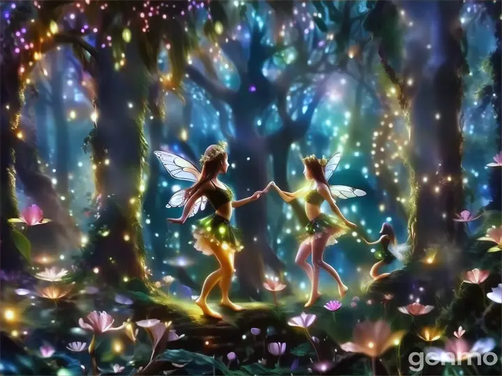 two fairy - like girls are dancing in the woods