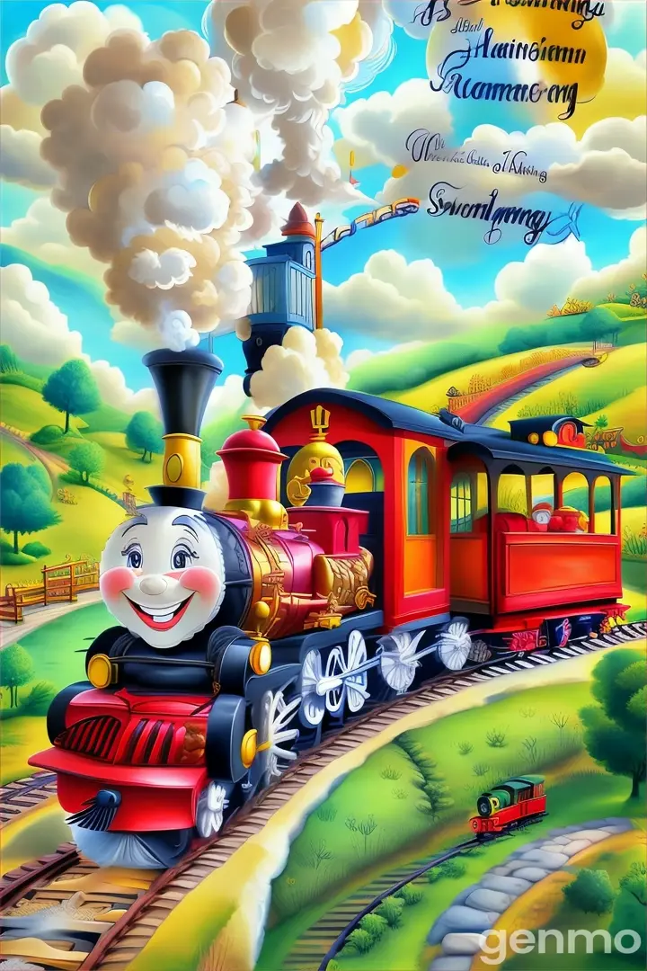 a cartoon train with a happy train on the track