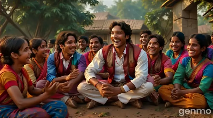 A cheerful village scene with Rajat, a charismatic storyteller, surrounded by villagers laughing heartily. His infectious laughter fills the air, creating a joyous atmosphere. Use vibrant colors and warm lighting to convey the positive energy and happiness.