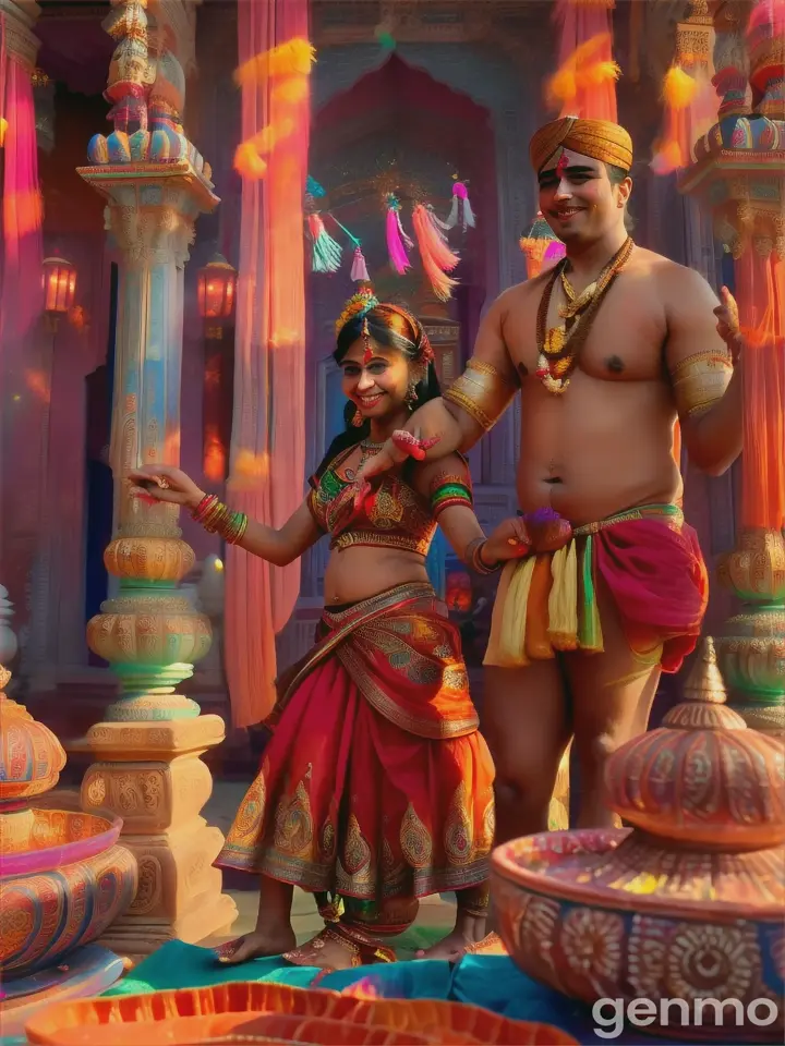 The couple attends a vibrant Indian festival like Diwali or Holi. The woman playfully throws colors at the man during Holi or lights diyas during Diwali, and he watches her with a smile, filled with love. The setting is full of traditional music, lights, and joyful celebrations.