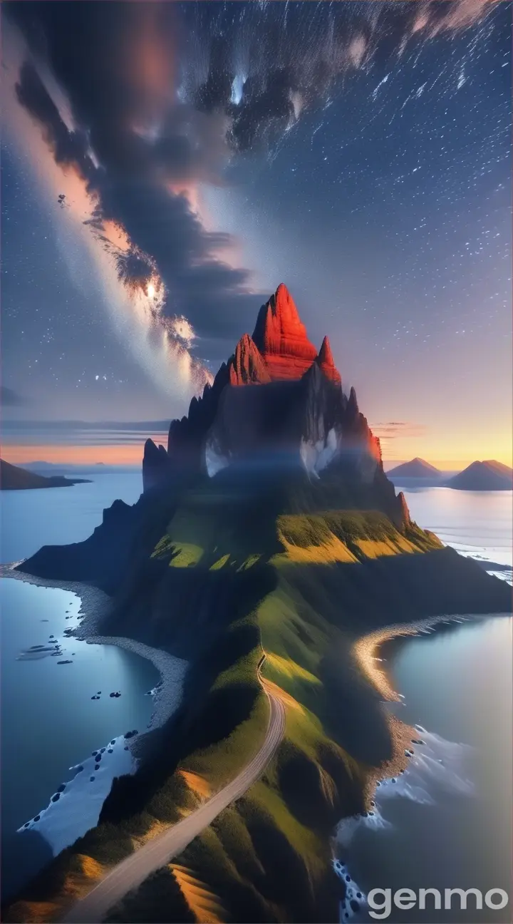 a mountain with a body of water under a night sky