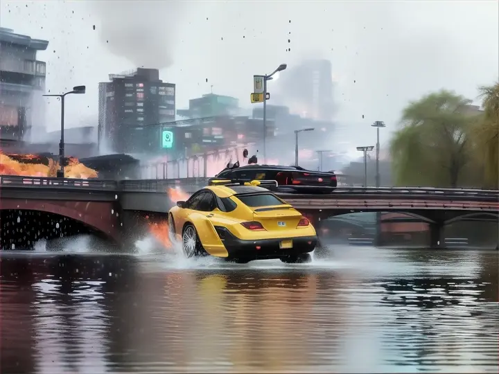 a car that is in the water near a bridge --anime style --background - neon city full of fire & flame, heavy rain, rainy night --extreme long shot --front view