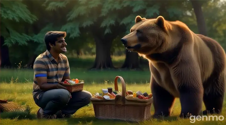 A young man, Rajat, is face-to-face with a large, hungry bear. The bear stands near a picnic basket filled with food. Rajat is visibly scared but tries to calm the situation with a joke.