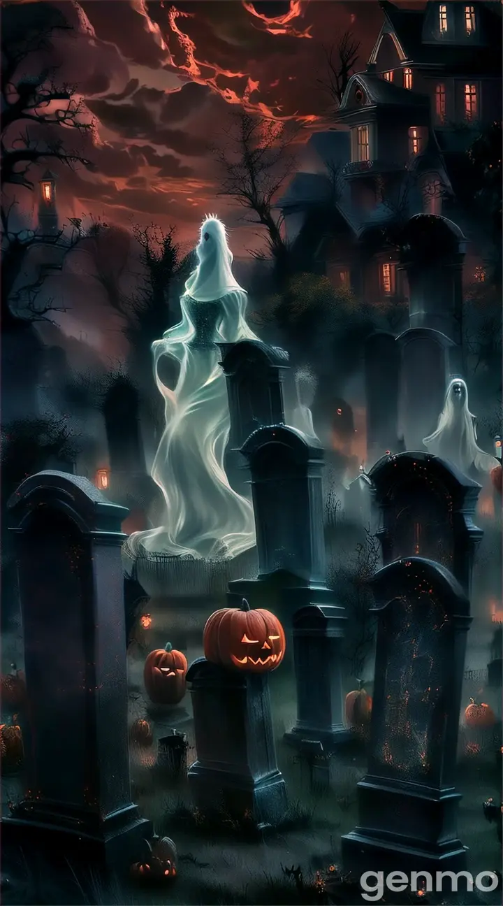 a halloween scene with ghost and tombstones