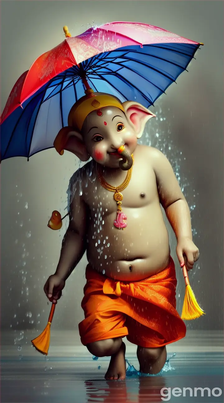 Cute Bal Ganesha bhgwan umbrella running playing with rainwater fish baground