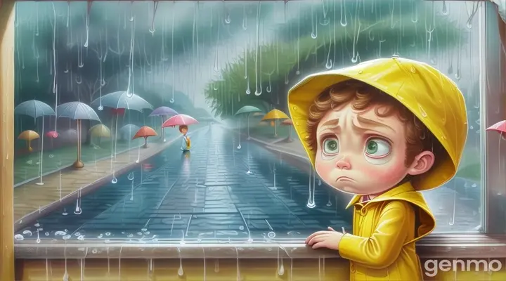 a painting of a boy in a raincoat looking out a window