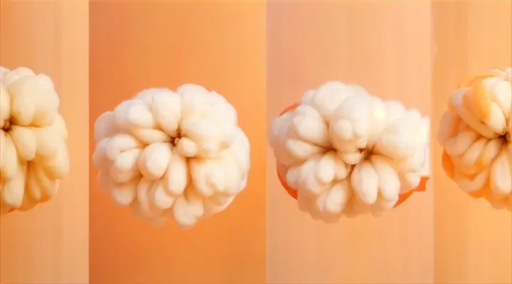 “On the warm peach-orange background, two soft, round cotton appear from both sides of the screen. Moving quickly, they collide in the center of the frame, shattering into thousands of tiny fibers. From amidst the floating cotton fragments, the brand name ‘La Soirée’ gradually emerges.”, advertising style