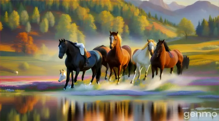 A group of horses running playfully on a tranquil mountain lakeside, surrounded by wildflowers and beautiful foliage, golden hour light