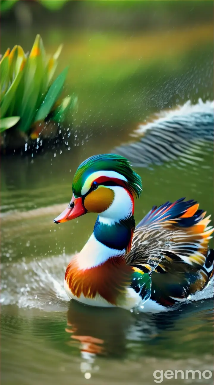 a mandarin duck enjoying a bath under a water cascade from a pure green hill