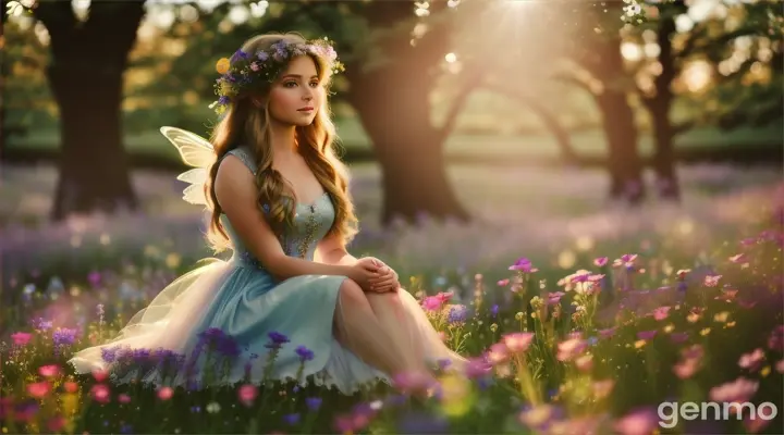 A fairy sitting among wildflowers in a meadow with soft light shining through the trees in the background, surrounded by a shimmering glow, 16:9