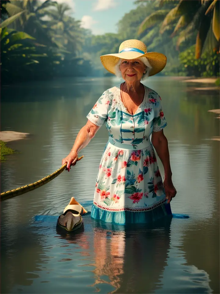 An elderly woman with silver hair and a determined expression, wearing a wide-brimmed hat and a floral dress, is pulling a massive alligator out of a murky river by its tail. The scene is set in a lush, tropical environment with dense greenery and vibrant flowers surrounding the riverbank. The alligator, with its scaly, dark green skin glistening in the sunlight, thrashes playfully as it emerges from the water. The sky is a bright blue with fluffy white clouds, and the sunlight casts shimmering reflections on the water's surface, creating a lively and adventurous atmosphere.