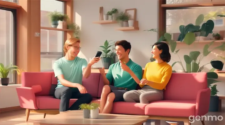 Two friends sit comfortably on a sofa in a cozy living room, one with a smartphone in hand, the other gesturing with animated expressions while laughing. A modern, minimalistic home interior in the background.