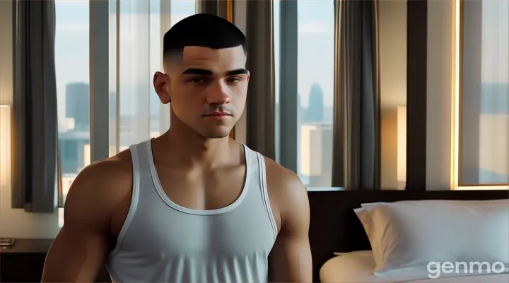 at 21st floor, inside the hotel bedroom, a humble man with Skin fade Buzz cut black hair in white tank top standing in front of the bed talking to someone