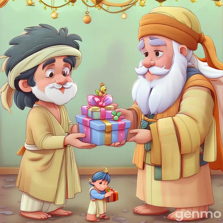 a cartoon of a man giving a gift to a child