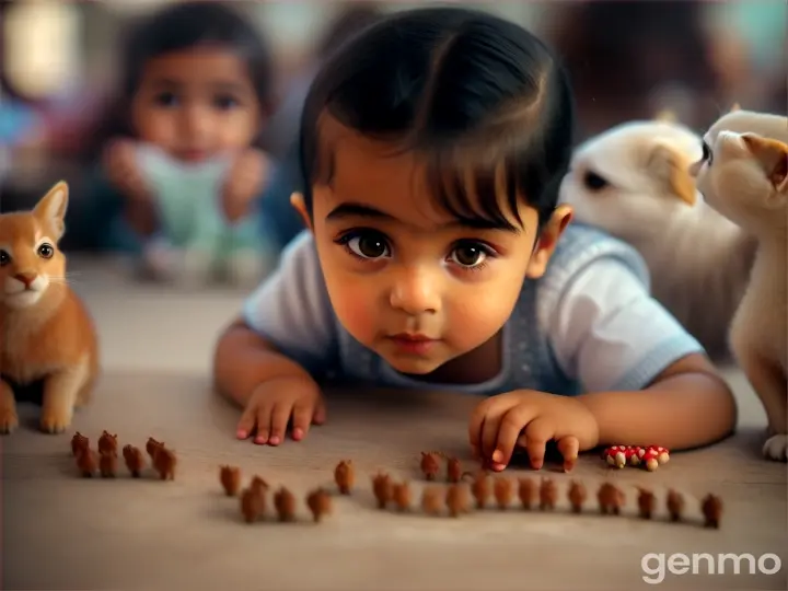 A tiny Arabic kid playing with tiny animals 