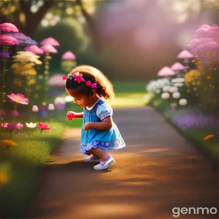 A tiny Arabic kid playing with tiny animals in an enchanted garden, surrounded by vibrant flowers and fluttering butterflies