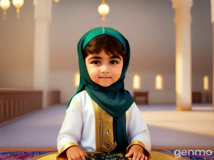 An Arabic kid , wearing Arabic dress in madina, front of madina mosque playing with tiny cute cats