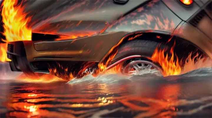 car wheel is sinking --anime style --background - reflects fire and conflagration, water full of fire & flame, heavy rain, rainy night --extreme close-up --dutch ang