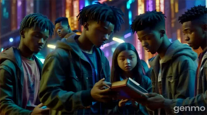 Young man giving a talk with a book in his hands, with a group of young people listening to him, in a public space.