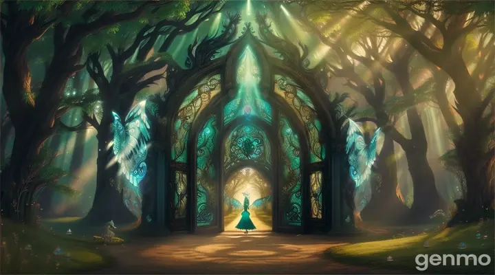  "At the entrance to a hidden forest portal, glowing with ancient runes, a Peacock-fairy stands as a guardian. Her wings, spreading majestically, glow with an ethereal light that matches the mystical symbols on the portal. The forest around her is dark and dense, with only the light from her wings and the portal illuminating the scene. The air is filled with a sense of ancient magic, and the Peacock-fairy’s expression is one of wisdom and watchfulness, as if she has guarded this secret for millennia."