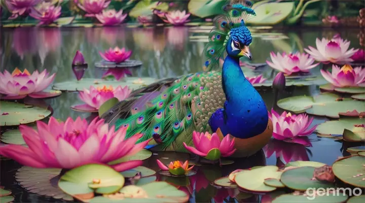 A peacock-fairy standing on a lily pad at a Sacred Lotus Pond surrounded by fuschia-colored lotus flowers, water splashing around her 16:9