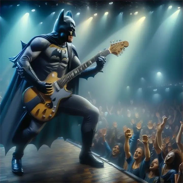 batman playing the guitar at a fast rate while dancing to the rhythm. the crown is jumping up and down. quick pan out., advertising style