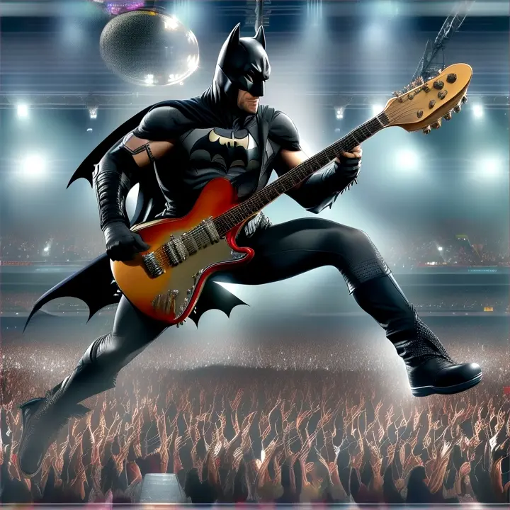 batman playing the guitar at a fast rate while dancing to the rhythm. the crowd is jumping up and down. quick camera pan out., advertising style