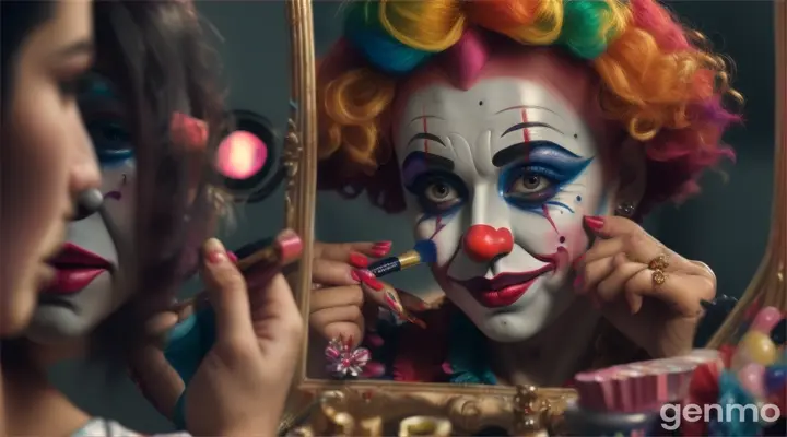 Visual: A close-up of a clown putting on makeup in front of a mirror. As he smiles, a tear rolls down his cheek, but he quickly wipes it away, hiding his sadness behind the painted smile.