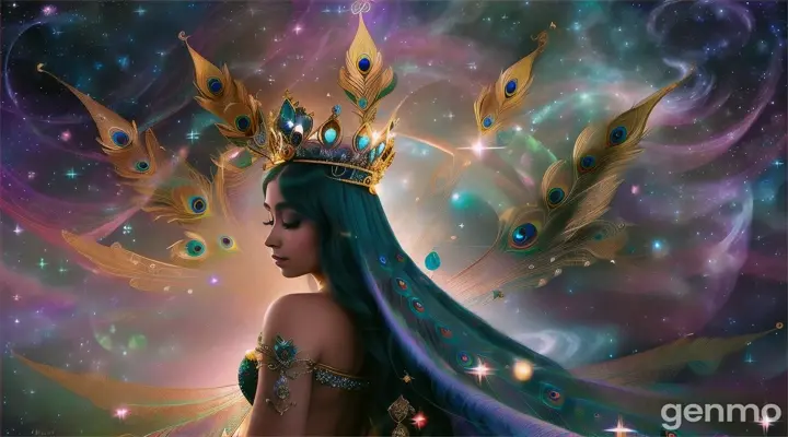 "In a celestial realm high above the earth, a Peacock-fairy is crowned queen by other fairies of the sky. Her wings are the most magnificent, shimmering with every color of the cosmos. The coronation takes place on a platform made of clouds, surrounded by a vast expanse of stars and swirling galaxies. The fairy’s crown, crafted from moonstone and stardust, glows with a soft light, symbolizing her connection to the universe. The other fairies, each with wings of different designs, bow in reverence."

Hyperreal, Photorealistic, Hyper-detailed, Cinematic, 16:9, Ultra 8K, Hyper-detailed