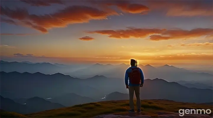 A serene mountaintop scene with Rajat standing, contemplating the vast landscape. The sky is filled with vibrant hues of sunrise or sunset. A peaceful expression on his face, reflecting deep thought and contentment. The video should transition between shots of Rajat's journey, highlighting moments of laughter, love, and compassion.