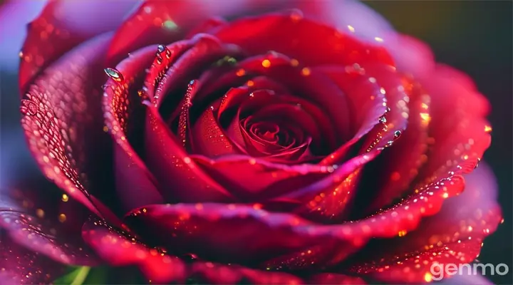 a very beautiful red rose on a long stem with dew drops, smooth cinematic background, ultra realistic, 4k, HD