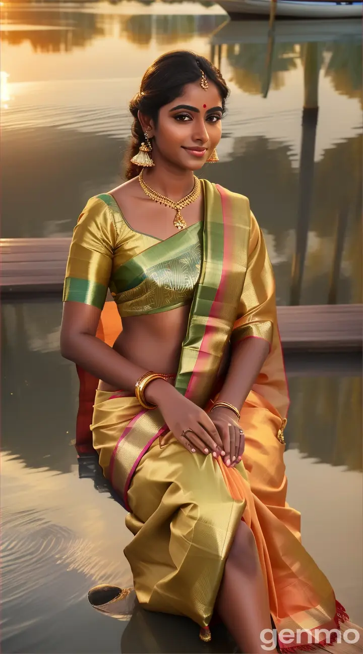  "A gorgeous Kerala girl draped in a traditional saree, sitting gracefully by the tranquil backwaters. Her reflection can be seen in the calm water as the palm trees sway in the background. She gazes out at the water, her saree shimmering in the golden evening light. The soft hues of the sunset add a romantic glow to the scene."

Hyperreal, Photorealistic, Hyper-detailed, Cinematic, 9:16, Ultra 8K, Hyper-detailed