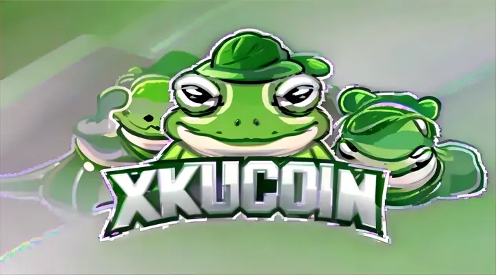 word xKuCoin, A green cartoon frog mascot with a hat on its head winks at the viewer, hight quality, hd 1:1 | blur, poor picture clarity