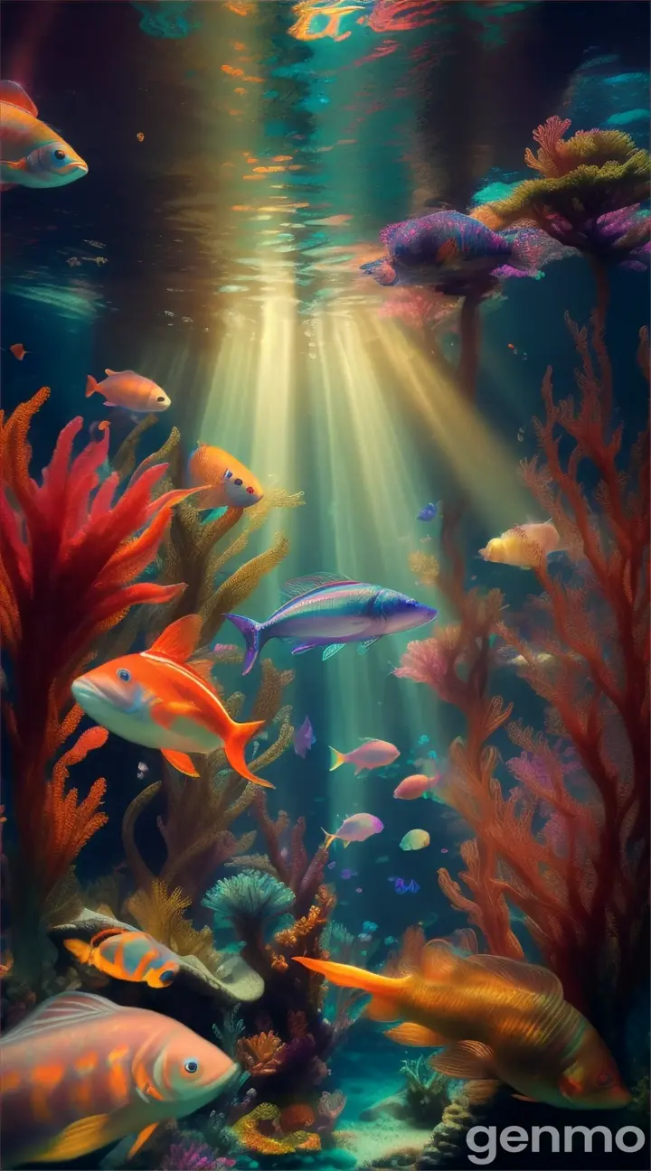 A mystical underwater view of a fantastic aquarium with mermaids and ethereal fish under a glowing sunbeam.