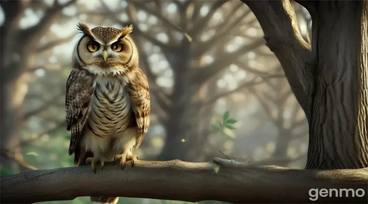 In 3D animations style'Meeting the Owl): Arif encounters a wise owl perched on a branch. The owl greets him, asking why he has come to the magical forest.