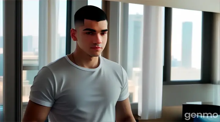 at 21st floor, inside the hotel bedroom, a humble man with Skin fade Buzz cut black hair in white round neck t-shirt standing in front of the window next to the chair talking to someone