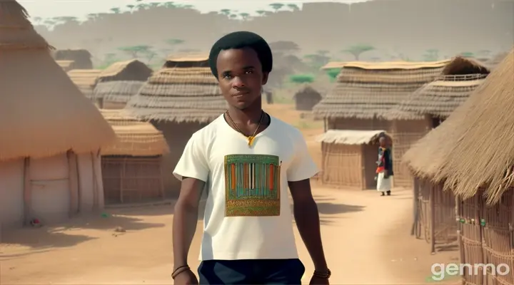 create an African village setting creat a Man ,short black man in his middle 40 forties walking; dressed in black shorts and immaculate white short-sleeved shirts. black shoes and a belt to match. front hair receding while center head going bald. show Mr. Spare Man to look shorter and stand alone