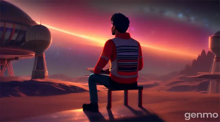 In 3D animations style'Arif’s Reflection): Arif sits alone at night, looking up at the stars, reflecting on how much he’s grown from the adventure.