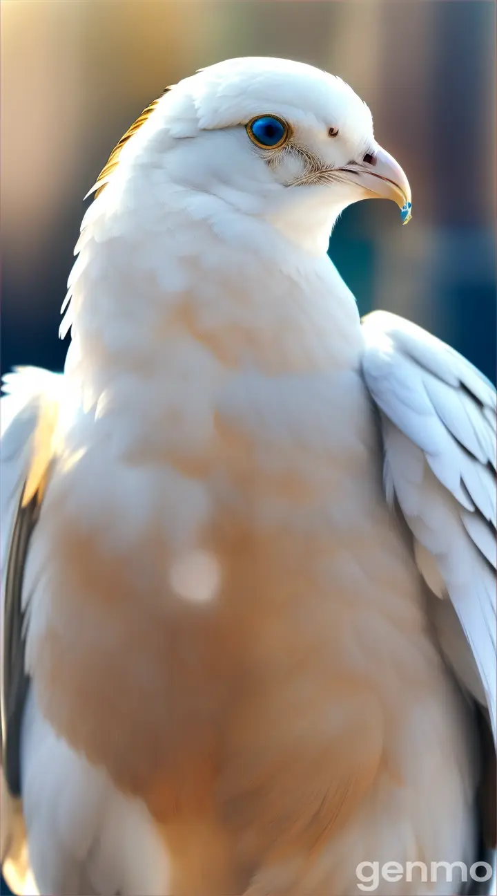 A pure white dove with a golden chain around its neck 