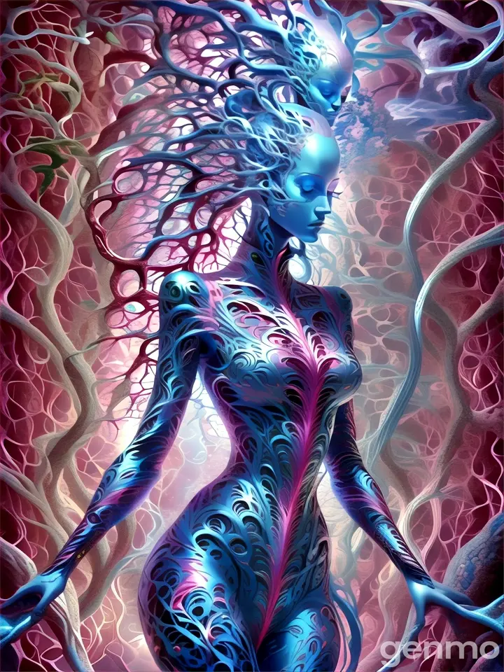 A blue and pink painted woman with starry background and cosmic elements